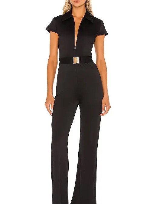 Amanda Uprichard Black Short-Sleeve Zip Front Belted Jumpsuit